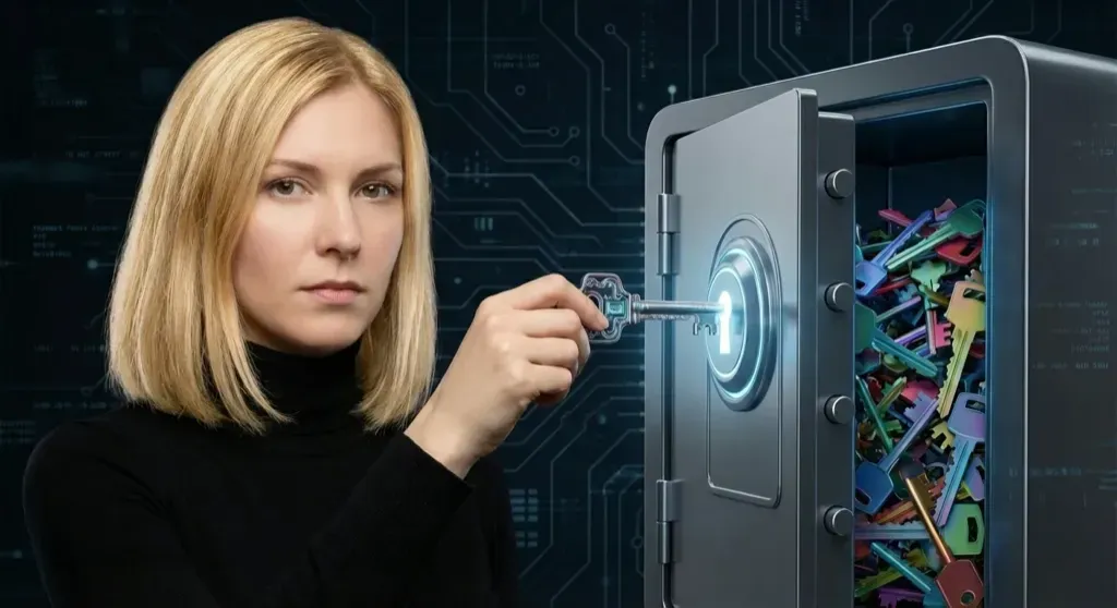 Woman unlocking a safe full of keys, symbolizing a password manager and the importance of a memorable master password