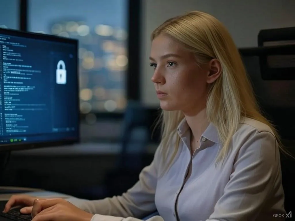 Focused woman working on a computer, screen displaying programming code and a security symbol, in an office during the evening. Illustration related to cybersecurity, secure password generation, and easy-to-remember passwords.